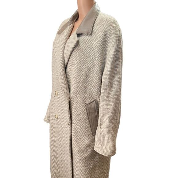 London Fog Tempo Europa Vintage Pure Wool Leather Collar Trench Coat Size 12 - Picture 8 of 15